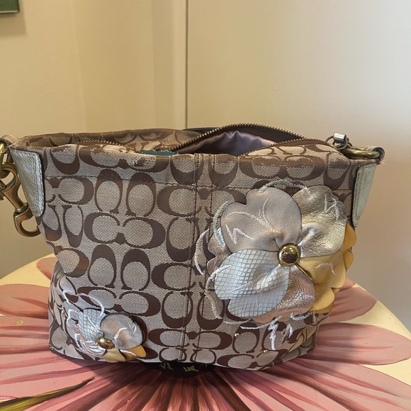 Coach Brown and Silver Floral Shoulder Bag - Picture 1 of 4